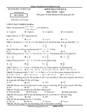 Kiểm tra cuối học kỳ 2 môn Toán Lớp 9 (Có đáp án)